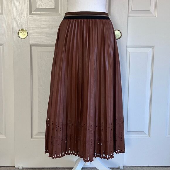 LE SUPERBE PLEATS TO MEET YOU SKIRT BROWN VEGAN LEATHER Medium MSRP $395 NEW - Picture 4 of 8